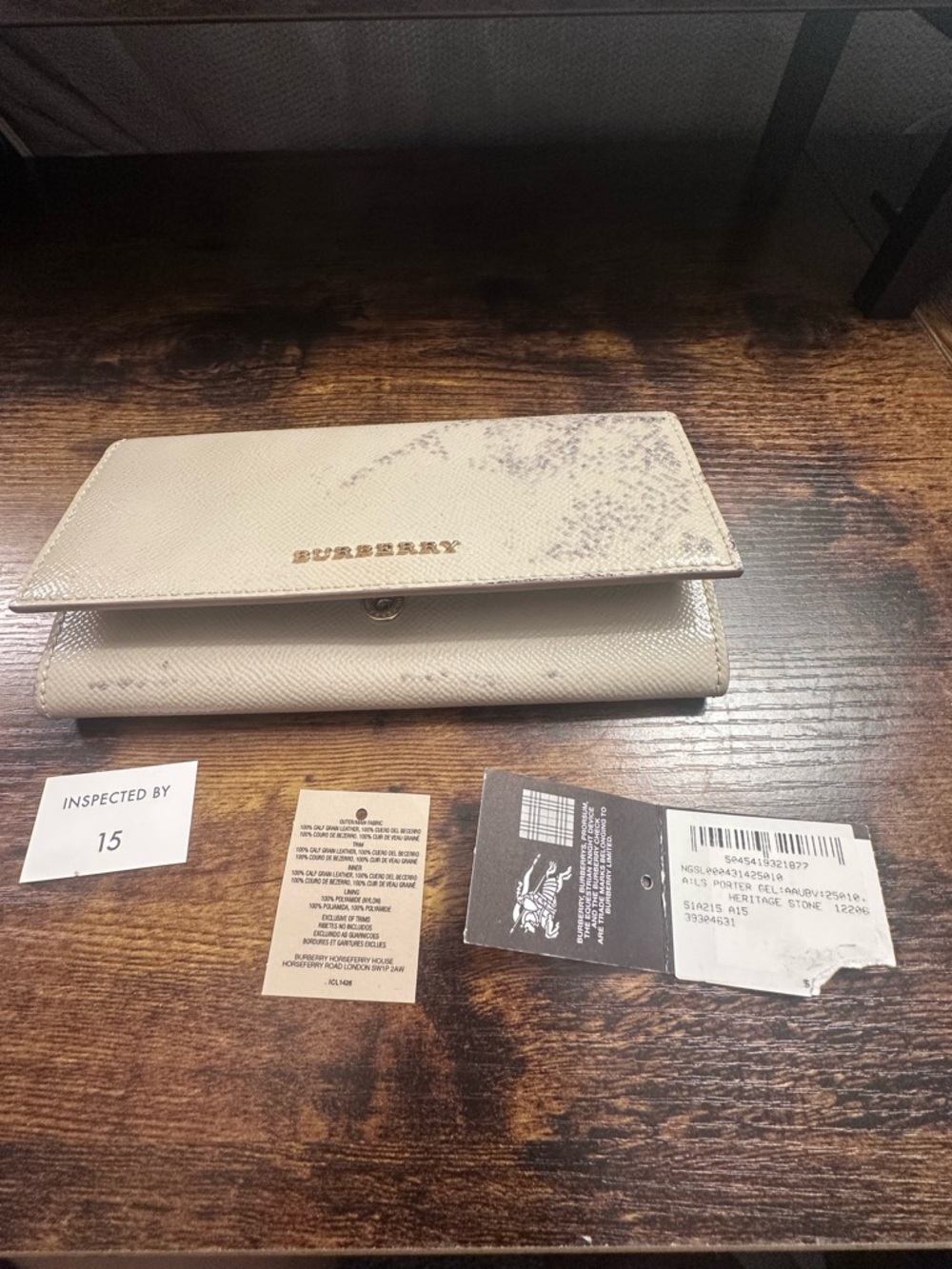 Burberry Cream Leather Fold-Over Continental Wallet with Gold Logo